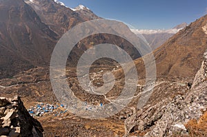 Hiking to Kyangjin Ri summit. View to the Kyandjin Gopa