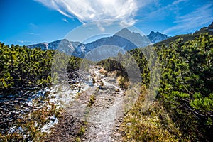 Turistika na pleso v Národnom parku Vysoké Tatry na jeseň a za slnečného dňa. Dramatická zatiahnutá obloha. Zelene pleso, Slovensko