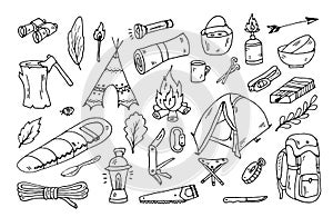 Hiking and tourism doodle vector set