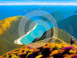 A hiking tourist looking at a beautiful seascape view from a mountain lookout