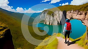 A hiking tourist looking at a beautiful seascape view from a mountain lookout