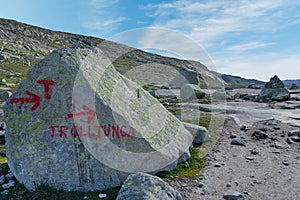 Hiking tourist rout sign to Trolltunga rock, Norway