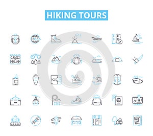 Hiking tours linear icons set. Trekking, Exploration, Adventure, Scenery, Nature, Backpacking, Wanderlust line vector