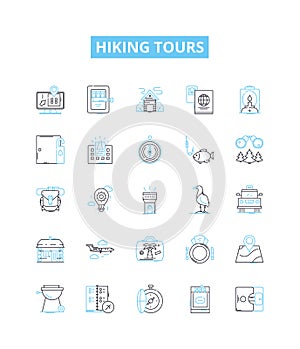 Hiking tours vector line icons set. Hiking, Tours, Trails, Trekking, Backpacking, Adventures, Outdoors illustration