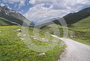 Hiking track in the Alps with mountains in Fimbatal from Ischgl to Heidelberger Hut