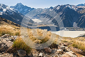 Hiking track in Mount Cook National Park with view of Mt Cook, Hooker valley and glacial lakes, New Zealand