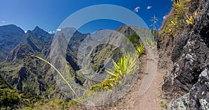 Hiking trail along the crater Cirque de Mafate near Cape Noir La Reunion