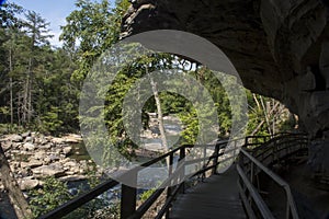 Hiking trail boardwalk under rocky overhang