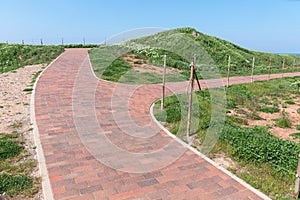 Hiking trail with crossroads at German island Helgoland in Northsea