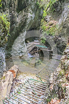 Hiking trail to the Obrovski waterfall in Slovak Paradise, Slovakia