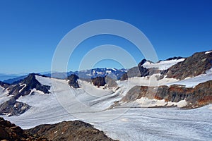 Hiking trail leading from Ridnaun Valley to the top of Wilder Freiger glacier located in Alps on the border of Austria and Italy,