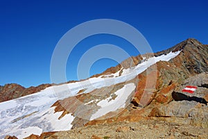 Hiking trail leading from Ridnaun Valley to the top of Wilder Freiger glacier located in Alps on the border of Austria and Italy,