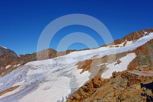 Hiking trail leading from Ridnaun Valley to the top of Wilder Freiger glacier located in Alps on the border of Austria and Italy,