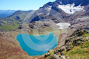 Hiking trail leading from Ridnaun Valley to the top of Wilder Freiger glacier located in Alps on the border of Austria and Italy,