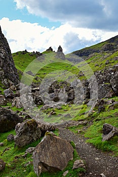 Hiking trail leading to famous Old Man of Storr, Isle of Skye, Scotland landmark