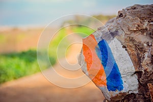 Hiking trail marker (Israel Trail) painted on a stone in countryside area