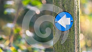 Hiking trail marker on a wooden post in wood