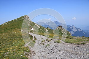 Hiking trail on a mountain ridge in the Pizol area, Switzerland