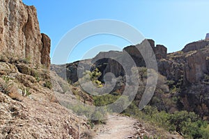 A hiking trail through the mountainous, desert landscape in Superior, Arizona