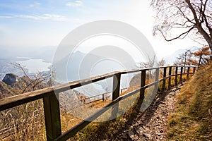 The hiking trail  with a panoramic view from Parco Valentino - Piani Resinelli in autumn, Ballabio, Lombardy, Northern Italy