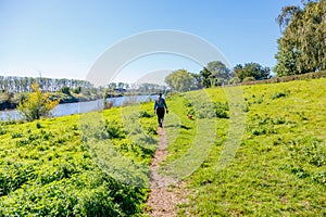 Hiking trail parallel to Maas river in Maasvallei nature reserve, rear view of an adult female hiker walking