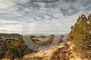 Hiking trail at the popular Airport Mesa loop hike in Sedona Arizona USA southwest during the day with beautiful clouds in the sky