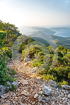 Hiking trail and scenic view on the Osorcica Televrina mountain on the island of Losinj, Croatia