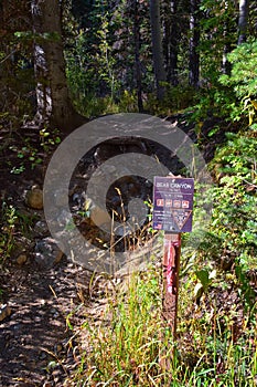 Hiking Trail Sign Bear Canyon Trail by Timpanogos, Wasatch Range Rocky Mountains, Utah.