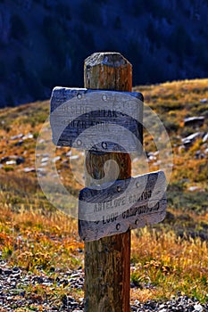 Hiking Trail Sign Deseret Peak Trail Stansbury Mountains, Rocky Mountains, Utah.