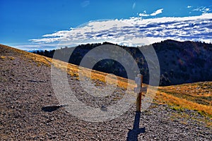 Hiking Trail Sign Deseret Peak Trail Stansbury Mountains, Rocky Mountains, Utah.