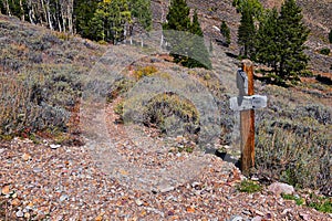 Hiking Trail Sign Deseret Peak Trail Stansbury Mountains, Rocky Mountains, Utah.