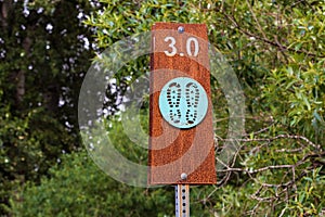 Hiking trail sign post with trees