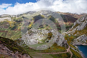 Hiking trail in the Somiedo national park, Spain, Asturias. Saliencia lakes nature reservation photo