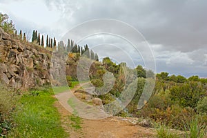 Hiking trail thorugh a park on Montjuic hill, barcelona