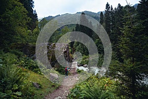 Hiking trail to Shdugra Waterfall, through green dense forest with a female traveler. Woman tourist hiker go to wooden bridge over