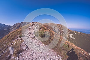 Hiking trail on top of the mountain. Tatra, Slovakia - vintage r