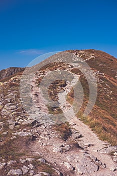 Hiking trail on top of the mountain. Tatra, Slovakia - vintage r