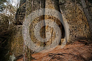 Hiking trail with tourist mark on stone, sandstone rock formation, Rock city Maze in Kokorinsko, Cinibulkova stezka near Mseno,