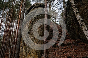 Hiking trail with tourist mark on stone, sandstone rock formation, Rock city Maze in Kokorinsko, Cinibulkova stezka near Mseno,