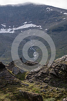 Hiking trail up to lake Trollsjon in Swedish lapland during early morning.