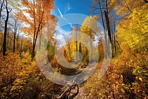 hiking trail through a vibrant fall forest, with golden leaves and blue skies