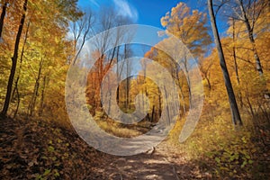 hiking trail through a vibrant fall forest, with golden leaves and blue skies