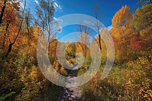 hiking trail through a vibrant fall forest, with golden leaves and blue skies