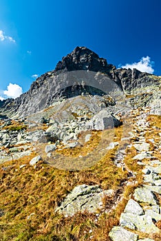 Hiking trail from Zbojnicka chata to Priecne sedlo in High Tatras mountains in Slovakia