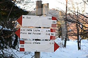 Hiking trails direction sign board. Santo Stefano d`Aveto. Genoa province. Liguria. Italy