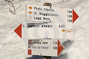 Hiking trails sign board. Santo Stefano d`Aveto. Genoa province. Liguria. Italy