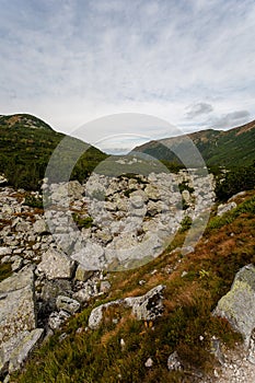 Hiking trails in Slovakia Tatra mountains near mountain lake of