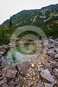 Hiking trails in Slovakia Tatra mountains near mountain lake of