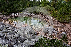 Hiking trails in Slovakia Tatra mountains near mountain lake of