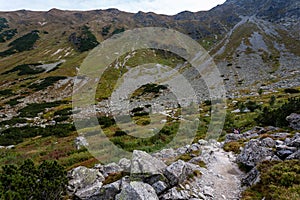 Hiking trails in Slovakia Tatra mountains near mountain lake of